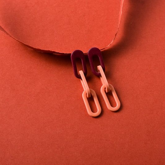 Three Links Chunky Chain Earrings - Burgundy Dusty Terracotta