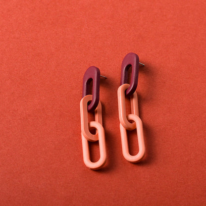 Three Links Chunky Chain Earrings - Burgundy Dusty Terracotta