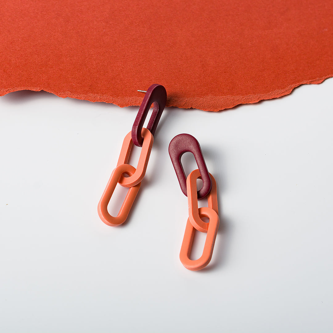 Three Links Chunky Chain Earrings - Burgundy Dusty Terracotta