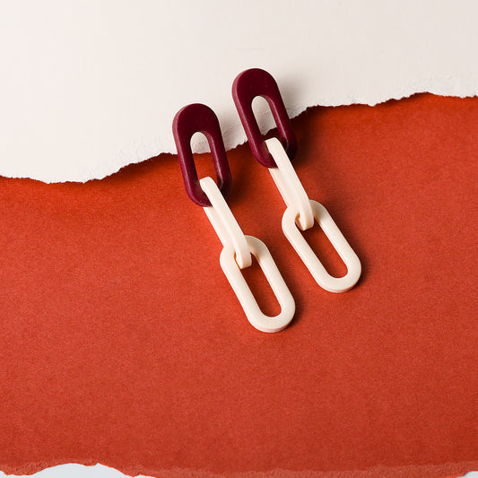 Three Links Chunky Chain Earrings - Burgundy Cream