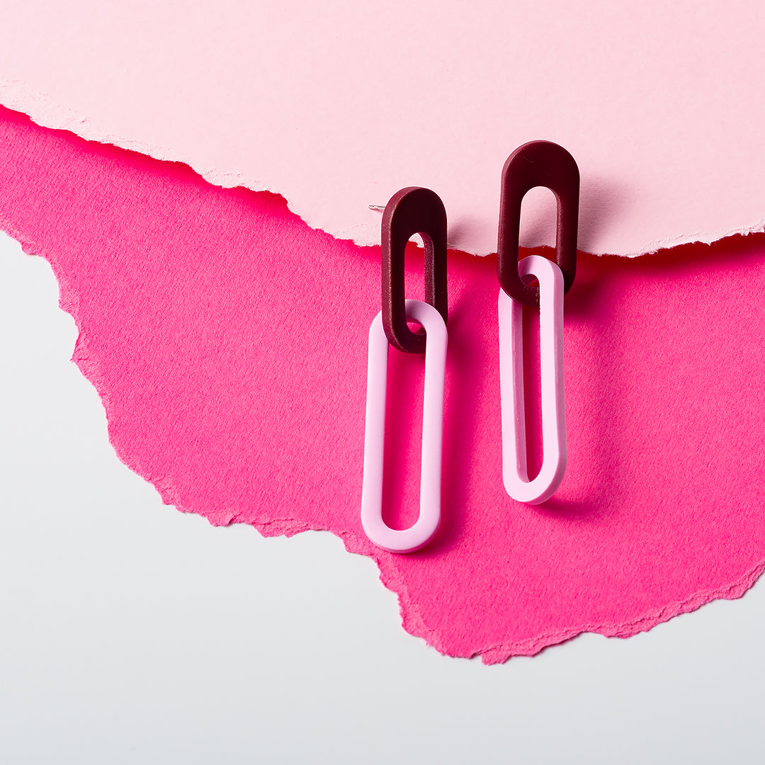 Two Links Chunky Chain Earrings - Burgundy Cotton Candy