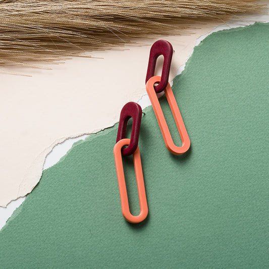 Two Links Chunky Chain Earrings - Burgundy Dusty Terracotta